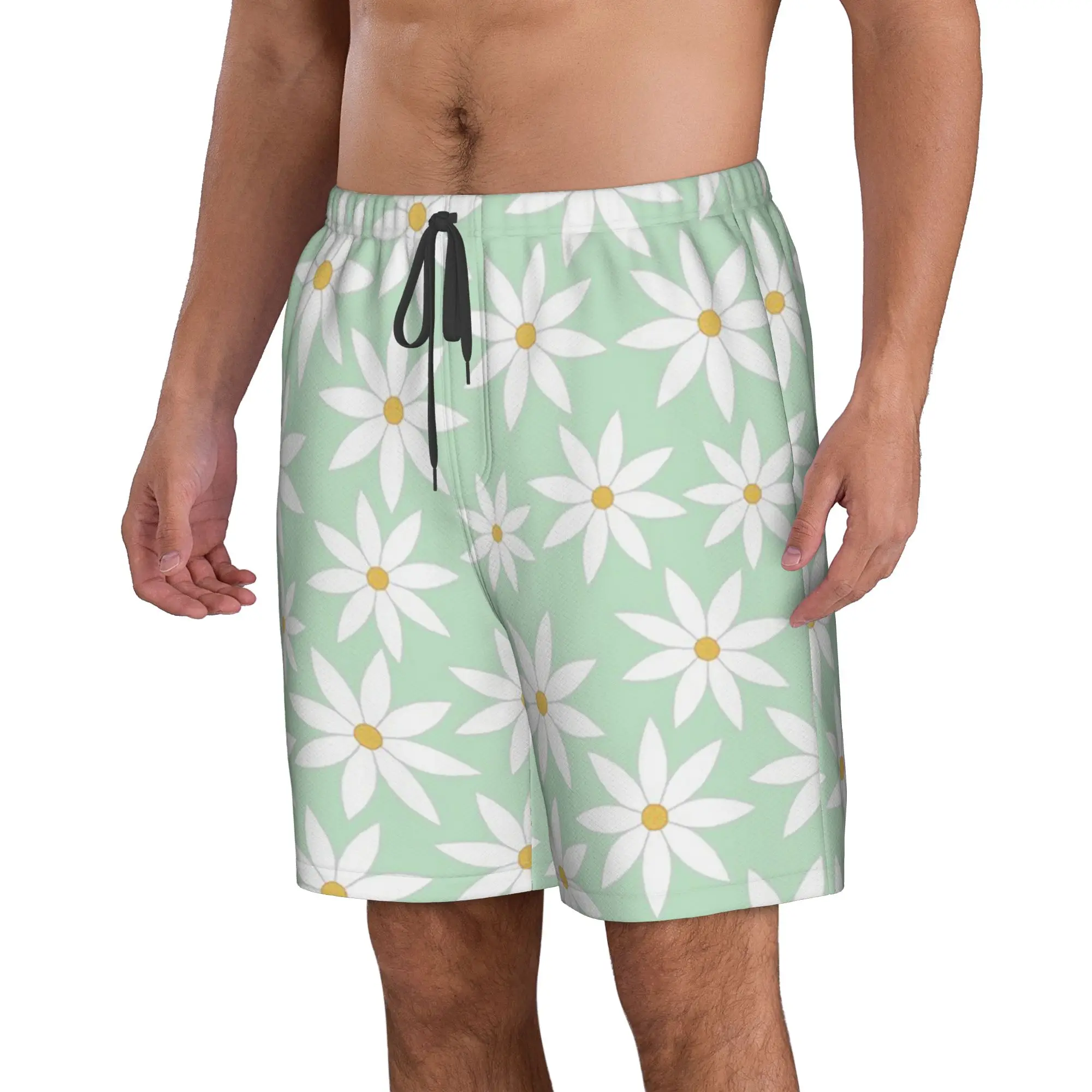 Macaron Colour Green Daisy Pattern Trunks Beach Board Shorts Casual Quick Dry Swim Summer Men Pants