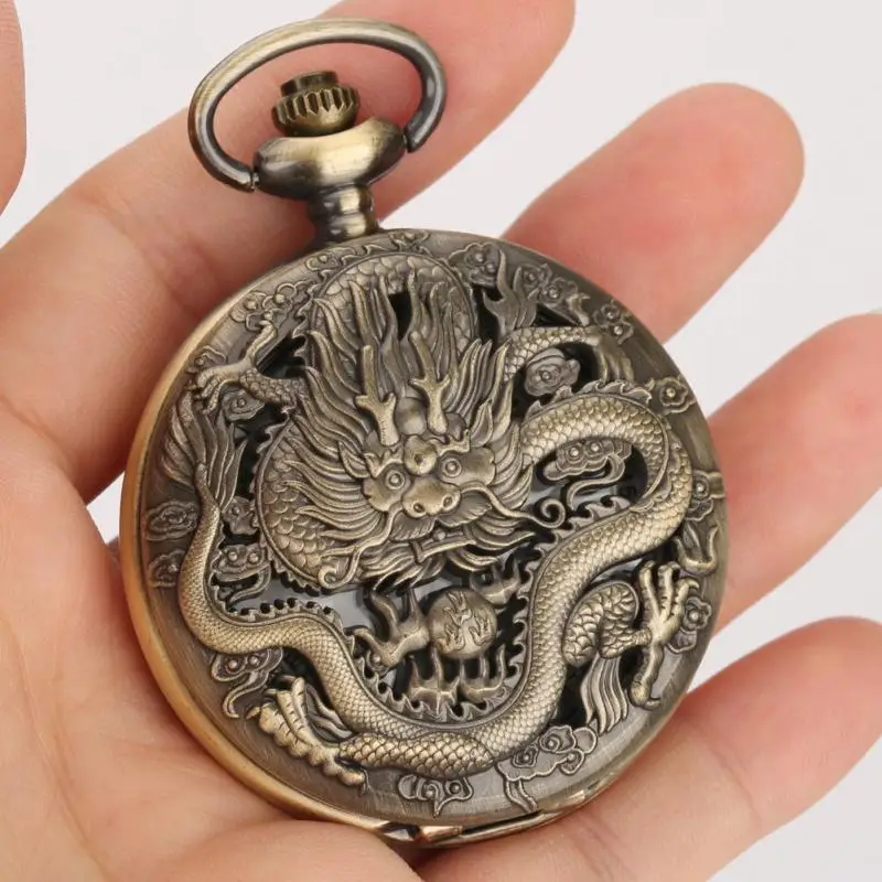 Bronze Vintage Ancient Dragon Design Quartz Pocket Watch Steampunk Analógico FOB Pocket Chain Presente Homens Mulheres Colar Pingente Relógio