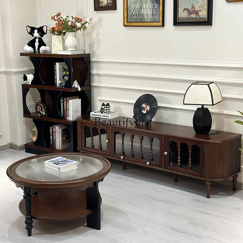 

yj19 French Retro Solid Wood Walnut Color TV Cabinet American Style Small Apartment