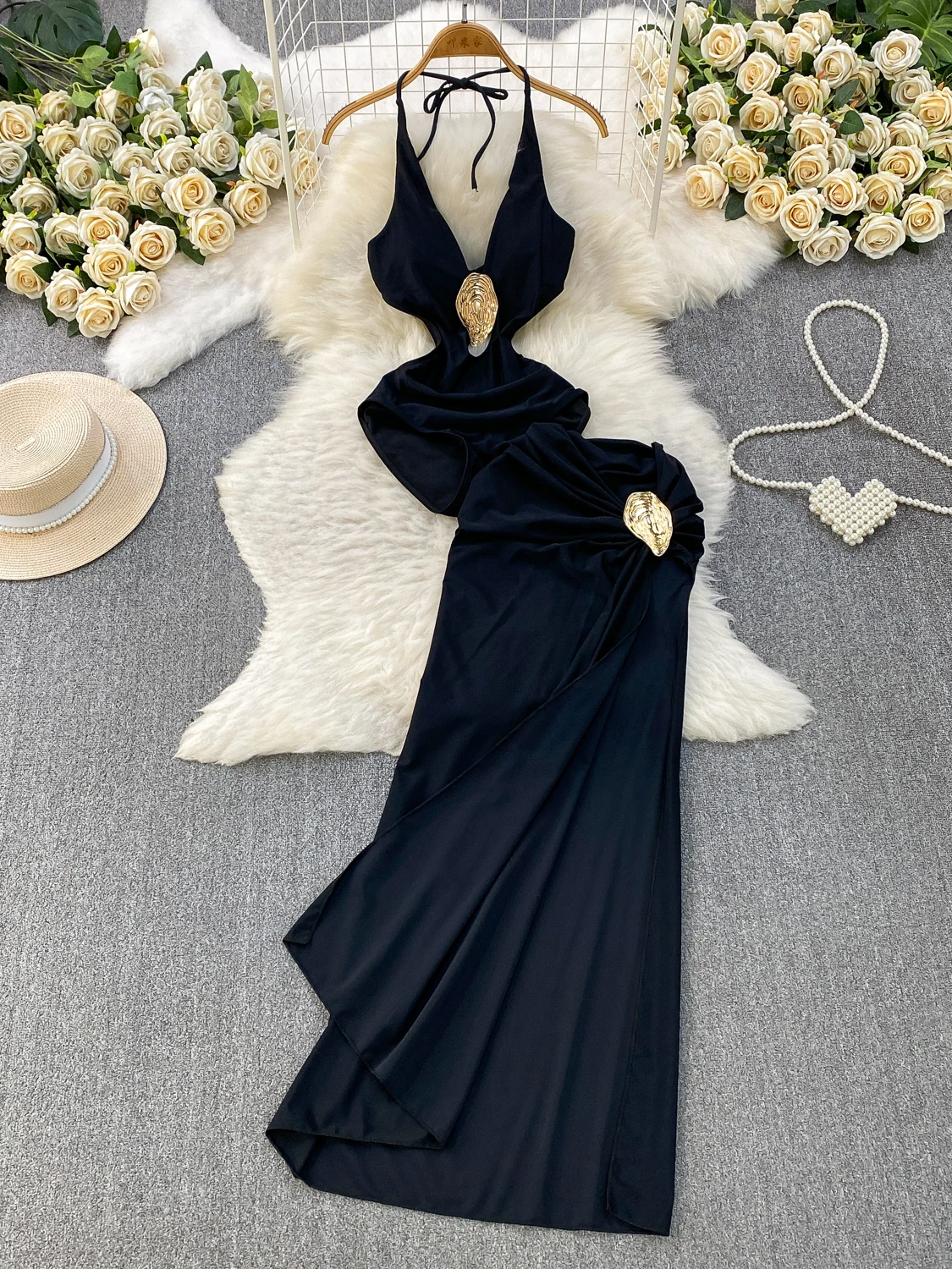 

Sexy Hollow out V-neck Strapless Long Dress Set with Knot Design Elegant Casual Split Skirt Fashionable Summer Outfit for Women