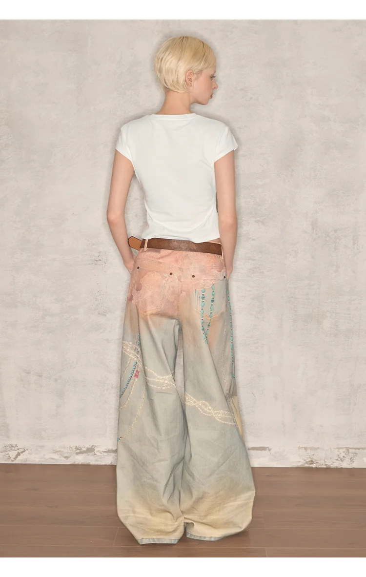 Y2K Dames Retro Jeans 3D Hangende Decoratie Afdrukken Losse Trendy Cool Joggingbroek Streetwear