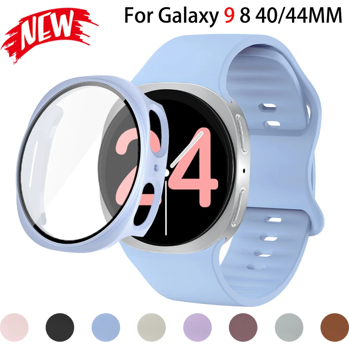 Capa 2 em 1 + pulseira para Samsung Galaxy Watch 9 8 40/44 mm, com ou sem proteção de vidro, pulseira de silicone macio, proteção reforçada, cinto esp