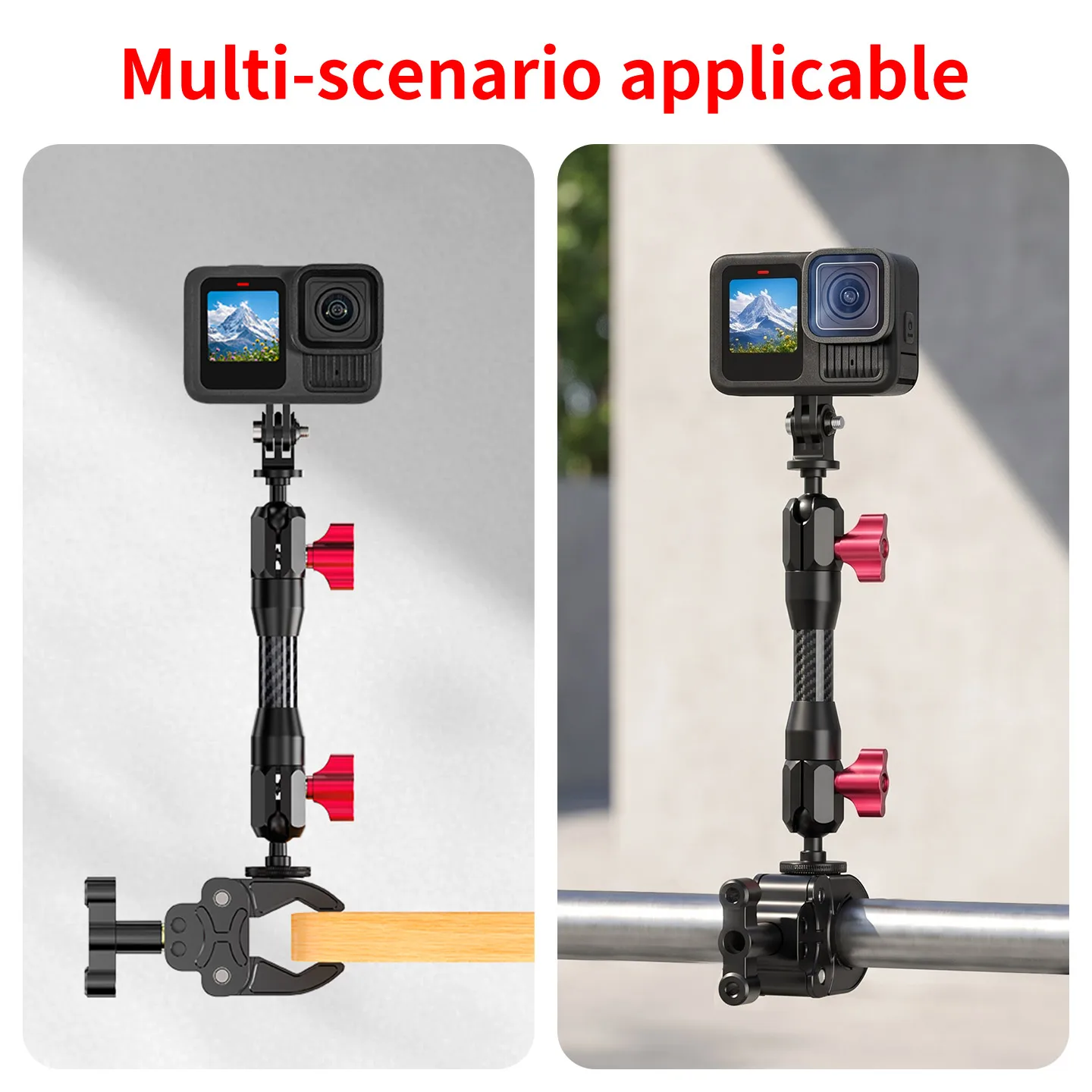 3-in-1 Action-Kamera-Halterung mit 1/4-Zoll-Schraube, Dual 360° ° Drehbarer Kohlefaser-Arm mit Kugelkopfklemme für GoPro DJI Osmo – Detail 8