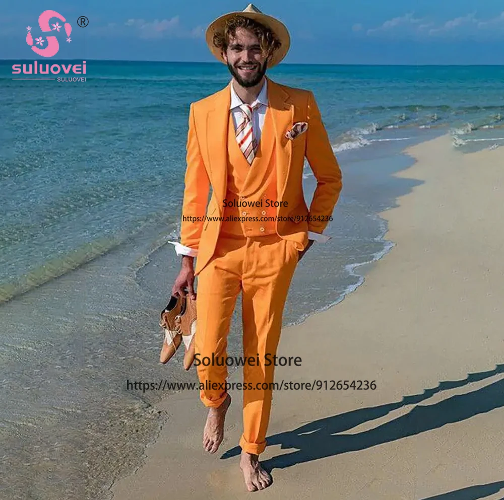 Mode Oranje Bruiloft Bruidegom Pakken Voor Mannen Slim Fit 3-delige Broek Set Formele Party Inkeping Revers Smoking Custome Homme Pour Mariage