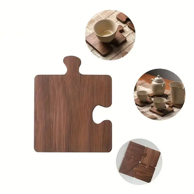 

4pcs Vintage Wooden Puzzle Coasters Creative Building Block Shape Cup Teacup Mats Desktop Heat Insulation Pad Kitchen Home Decor