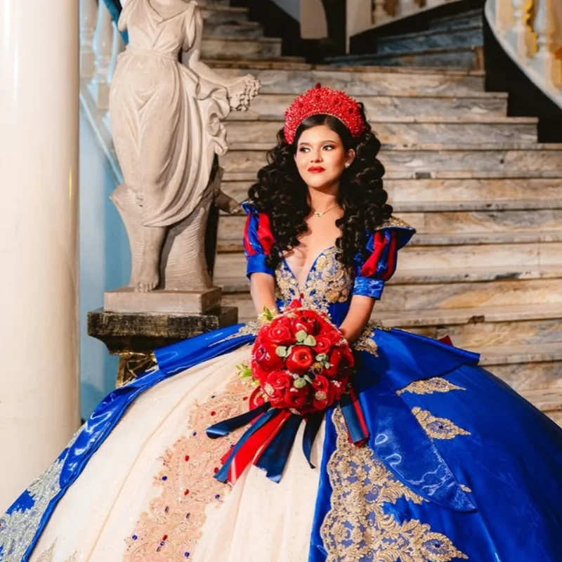 

Royal Blue Quinceanera Dresses Off the Shoulder Crystal Decal Layering Long tail Big Bow Vestido De 15 Quinceanera Customize