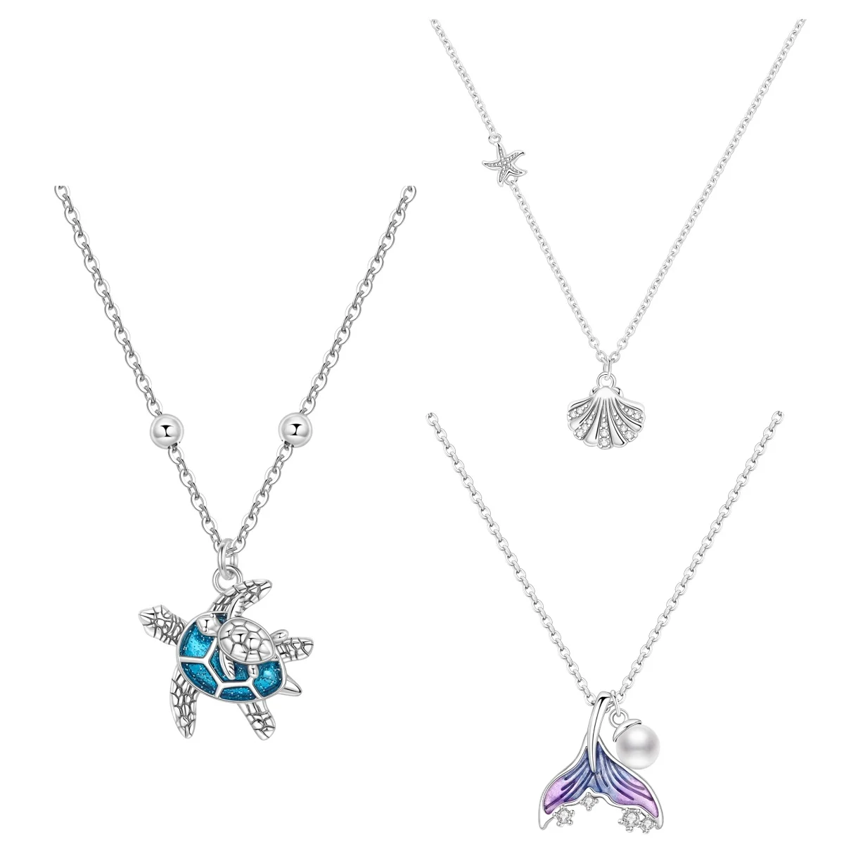 MISEFF S925 Sterling Silber Halskette Meereslebewesen Schönheit Fischschwanz Muschel Seestern Schildkröte Halskette Schmuck zum Muttertag Geschenk