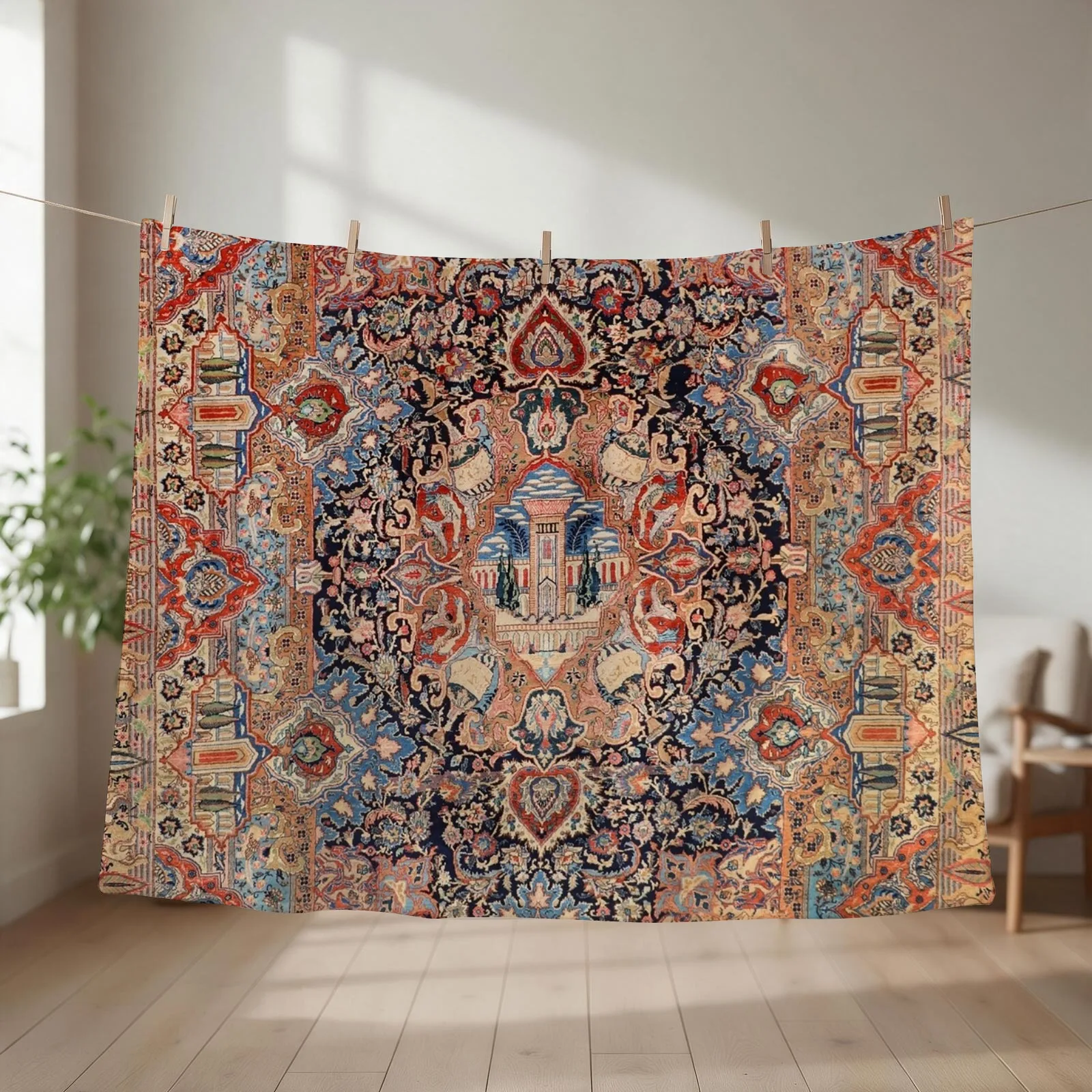 Persia Carpet 19th Century Authentic Colorful Picture of a Black Blue and Red Rug Throw Blanket sofa bed Cute Blankets