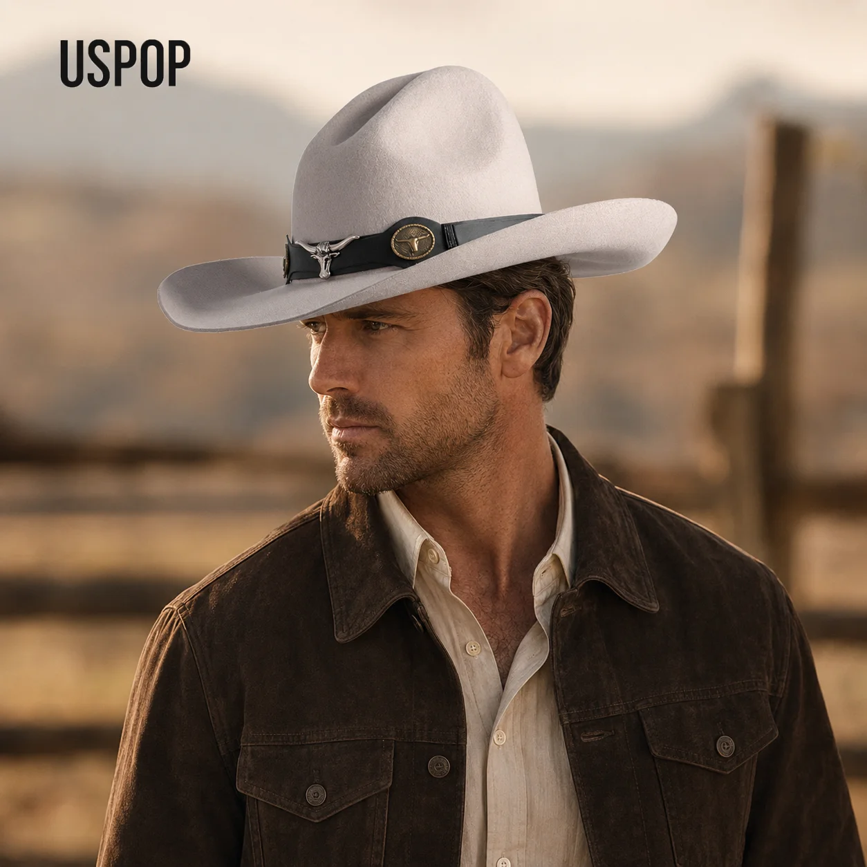 USPOP 100% Wool Gus Crown Cowboy Hat for Men and Women Wide Brim Western Felt Hat with Vintage Longhorn Concho Hatband