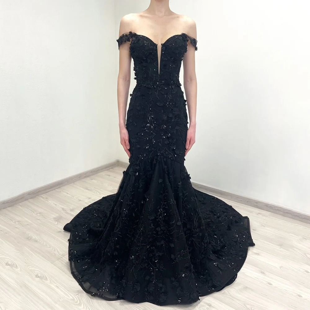 Gothic Wedding Dress Customized Sexy Off The Shoulder V Neck Sparkling Beading Lace Applique Court Train Mermaid Bride Gown