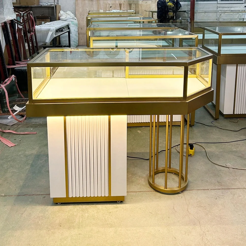 Custom.Customized High-End Stainless Steel Paint Jewelry Display Cabinet Elegant Wood Panel Jade Glass Counter for Commercial Fu