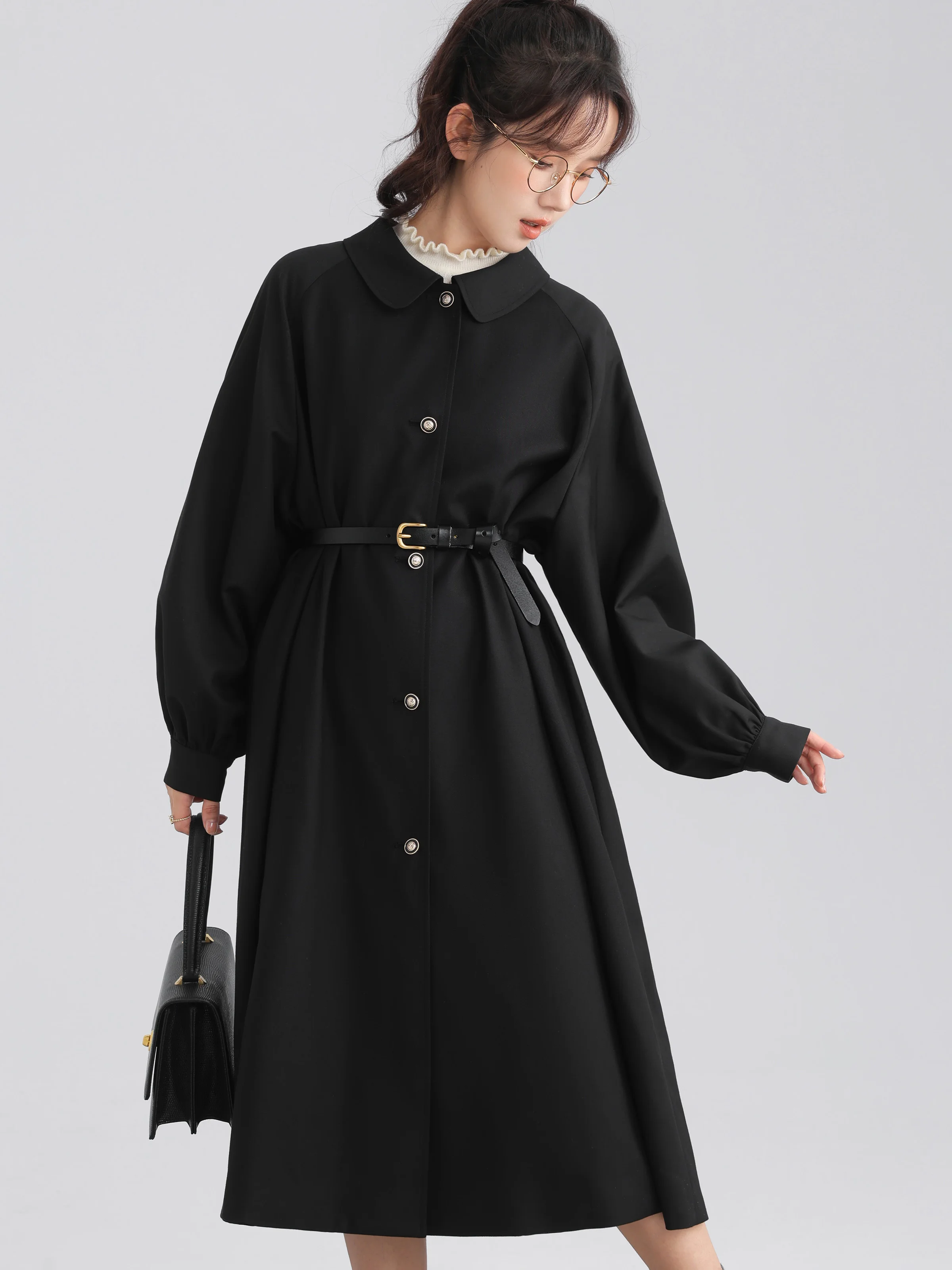 빈티지 우아한 루즈핏 블랙 트렌치코트 여성용 중간 길이 캐주얼 슬림핏 가을용 소형 프레임 패션 캐주얼 의상