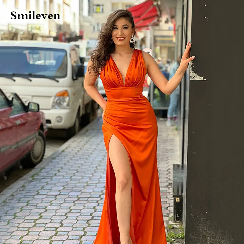 

Smileven Orange Sexy V Neck Evening Gowns High Split Prom Dresses 2022 Pleats Evening Party Dress 2022