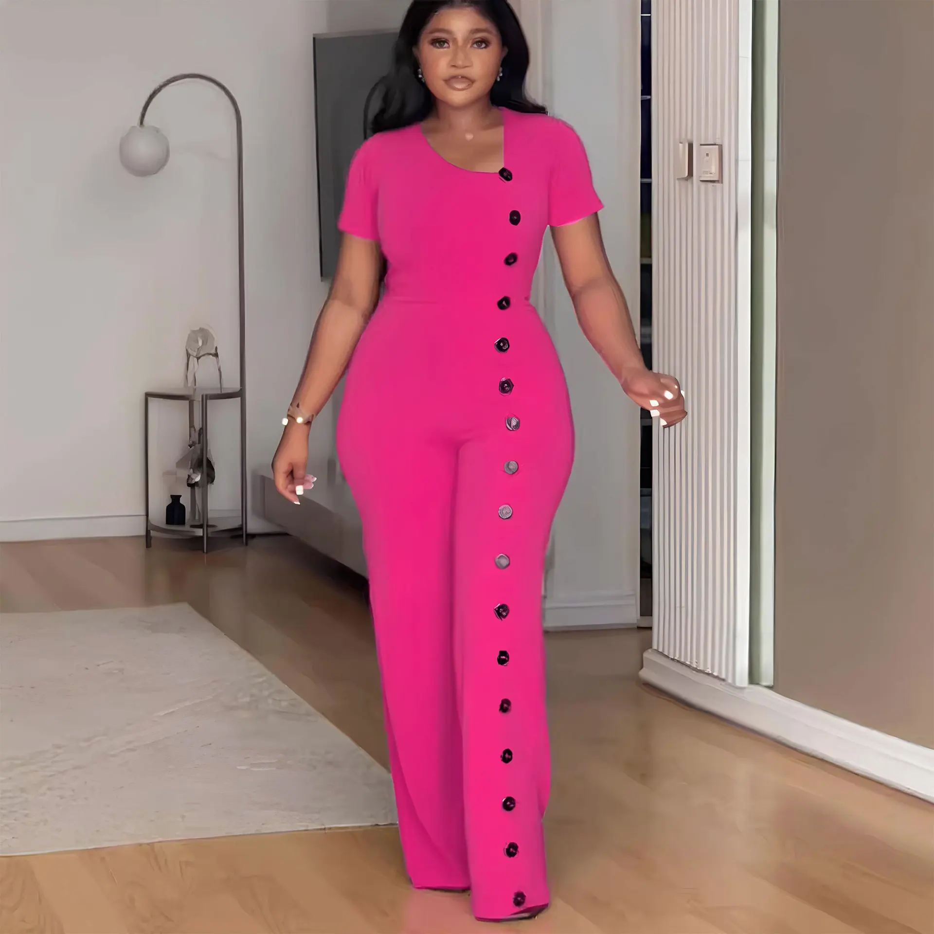 

Women Jumpsuit Fashion Button Splicing Side Short Sleeve High Waist Wide Leg 2025 Spring Autumn Playsuits One Piece Suit Rompers