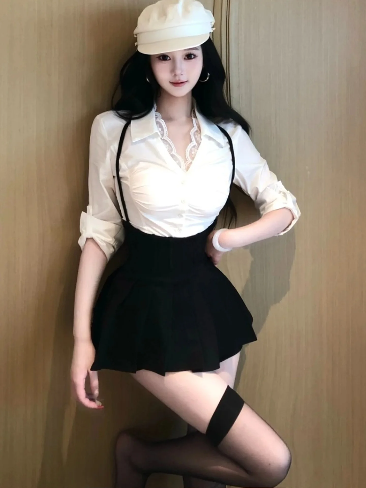 

Sexy Lace Crop Top And High Waist Short Skirt Set for Women Slim Fit Spring Fashion Outfit Pure Color Long Sleeve Shirt