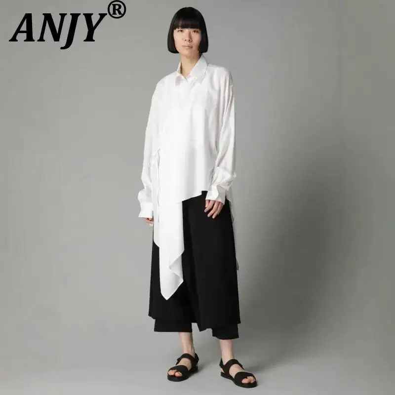 

ANJY Spring Autumn New Women Yamamoto Design Loose Casual Long Sleeve Shirt Asymmetrical Draped High-End Niche Ins Blouse A22403