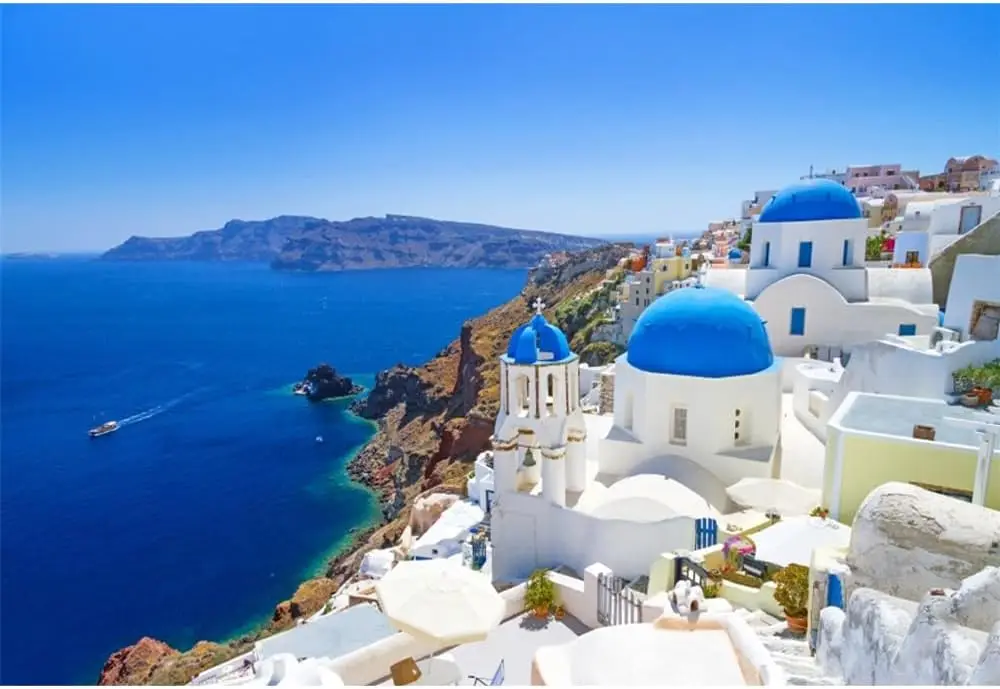 Greece Santorini Island Blue Sea Blossom Flowers white house party Portrait photo background photography backdrop studio