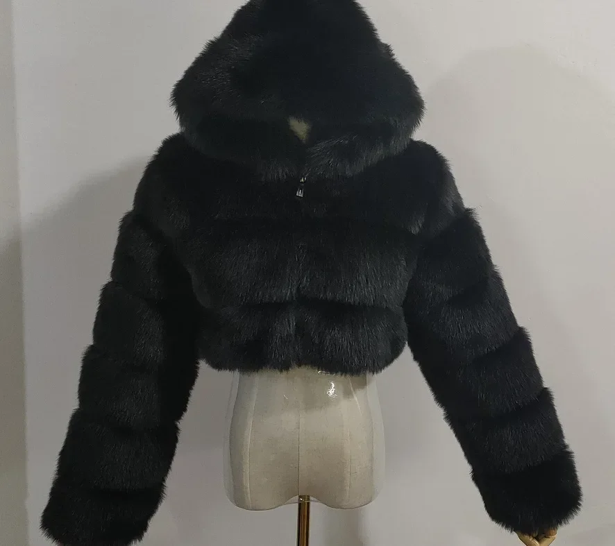 Pelzige verkürzte Kunst pelz mäntel Jacken Frauen flauschigen Dec klack Kapuze gerade kurze Winter pelz jacke Mode Streetwear neue l229