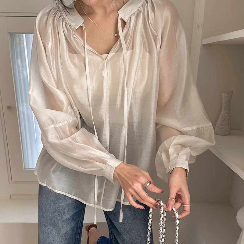 

Elegant Fashion Shirt Women Korean Chic Preppy Style Long Sleeve Blouse Summer New Solid Lace Up Casual Tops Female