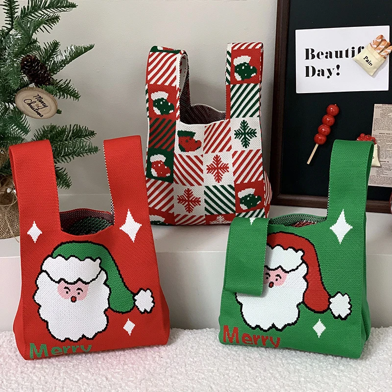 Handmade Christmas Cute Knitted Candy Bag Handbag Tote Bag Handheld Knot Wrist-bag Reusable Shopping Bag