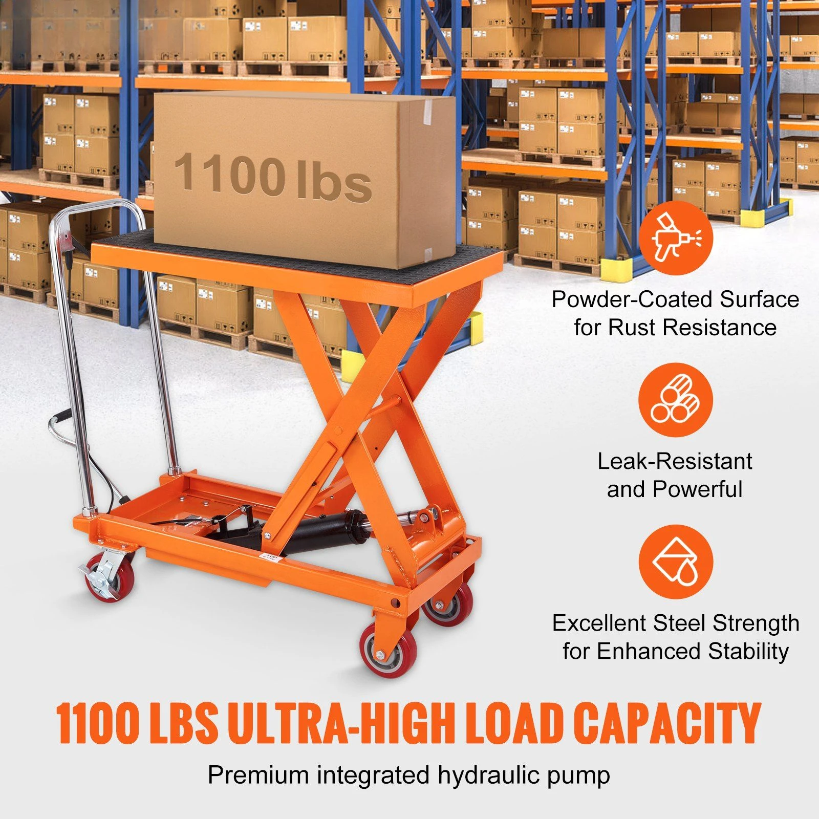 Hydraulic Lift Table Cart, 1100lbs Capacity 35.4" Lifting Height, Manual Single Scissor Lift Table with 4 Wheels and Non-slip