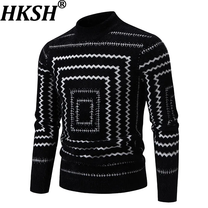 

Мужской свитер HKSH, осенне-зимняя коллекция, новый модный тренд, геометрический узор, вязаный пуловер, винтажный стиль, высокий воротник, повседневный, модель HK18650