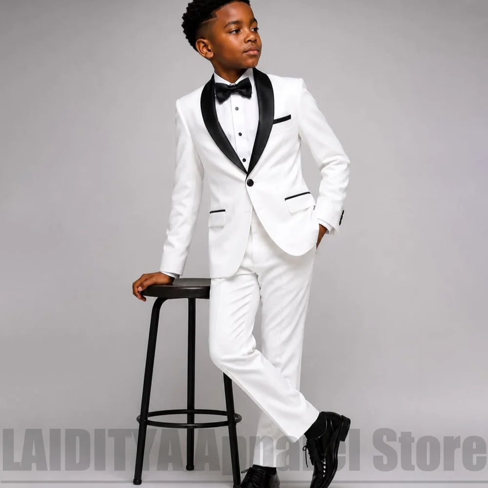 Boys White Tuxedo Suit with Black Satin Shawl Lapel Kids Formal Wedding Outfit Blazer Pants Bow Children Party Costume 2 Piece