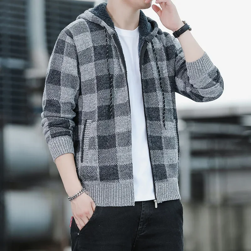 

Autumn New Men's Plaid Knitted Cardigan Casual Hooded Sweatercoat Warm Zipper Jacket Fashion Fleece Sweater Blouse Male Clothing