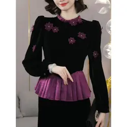 Floral Velvet Long Sleeved Folds Women's Autumn and Winter 2024 Pullover Round Neck New Western-style Top Slim Fit Skirt Suit