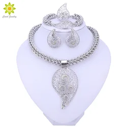 Bridal African Beads Jewelry Sets For Women Silver Color Crystal Necklace Earrings Bracelet Ring Accessories