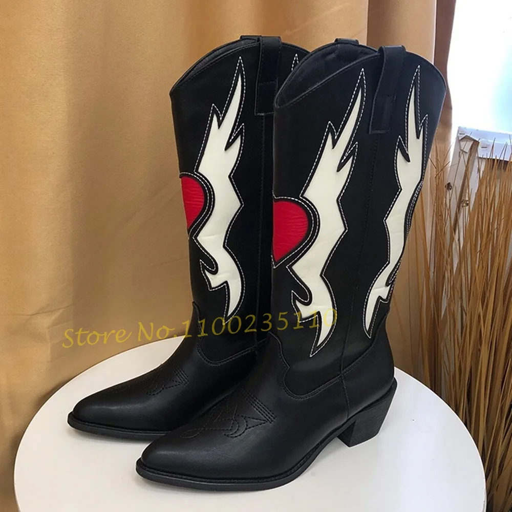 Heart Shaped Embroidered Rider Boots Women Vintage Sweet Pointy Toe Totem Shoes 2022 Female Autumn Fashion Chunky Heels Boots