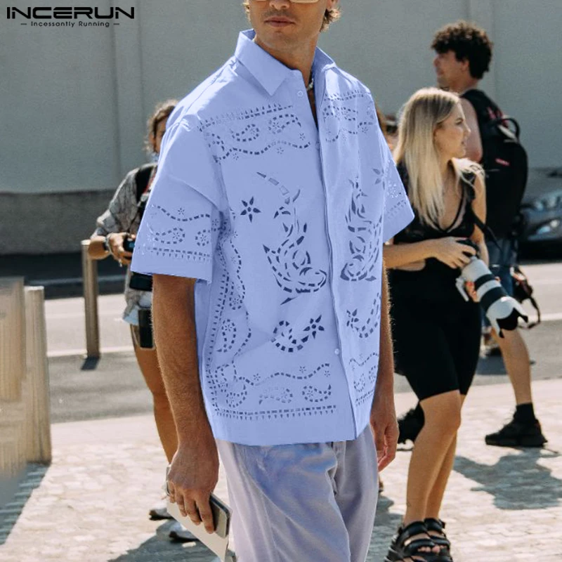 

Летние топы с короткими рукавами, мужская рубашка, модная повседневная футболка с вырезами INCERUN, уличная одежда, свободная мужская одежда, однотонная, оверсайз