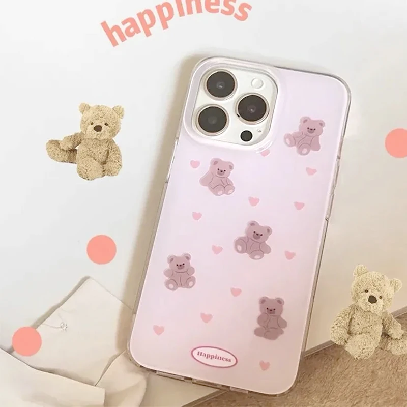 Kawaii Pink Bear Peach Heart Phone Case for IPhone 14 11 12 13 Pro Max Korean Fashion Cute Phone Case for IPhone XR XS MAX