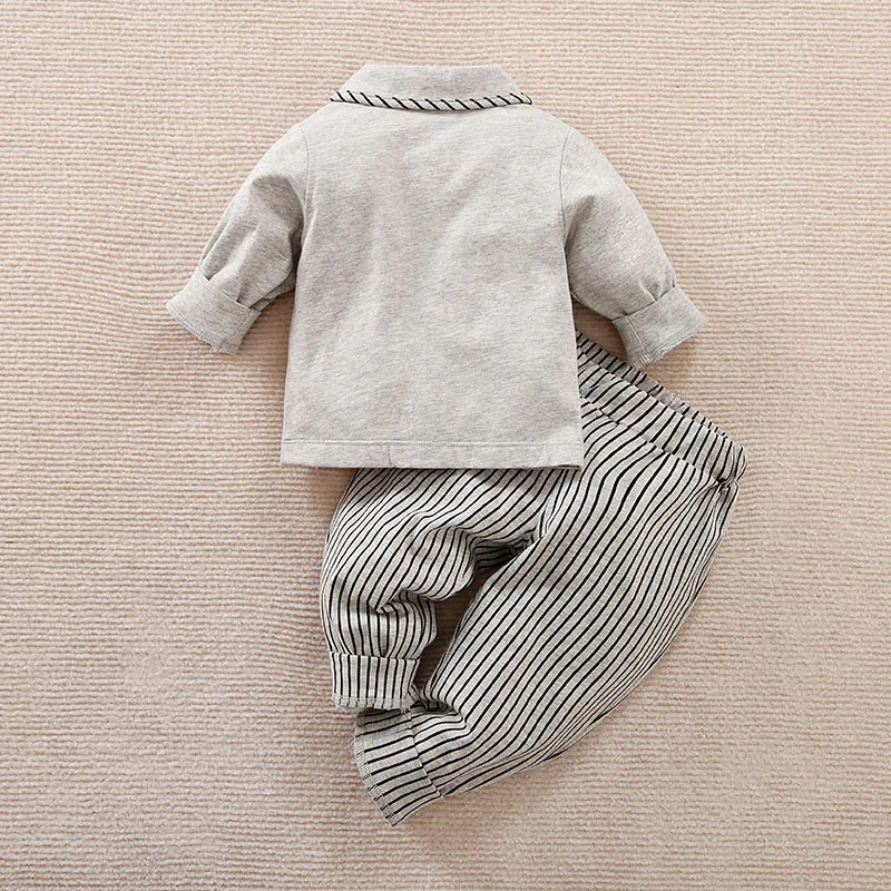 Newborn Clothing Solid Color Fashion Preschool Set Long Sleeved Casual Comfortable Gray Stripe Autumn/Winter Long Sleeved Set