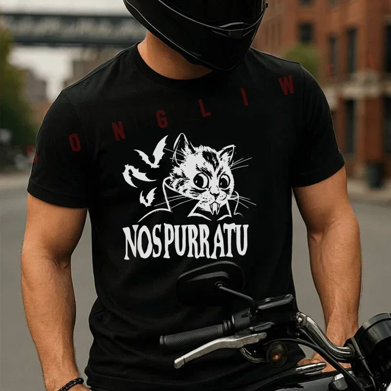 

Summer Motorcycle Casual Sports Loose Cotton T-shirt Nos-purr-atu Vampire Kitty Cat Gothic Motorcycle Men's Tees