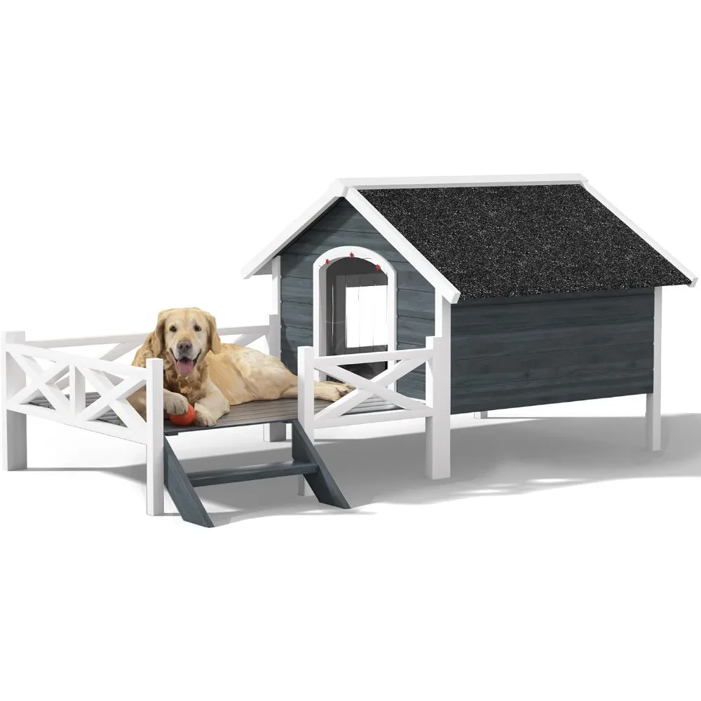 

Large Outdoor Dog House with Porch, 67 Wooden Dog House Weatherproof for Outside, Waterproof Asphalt Roof and Outdoor Material