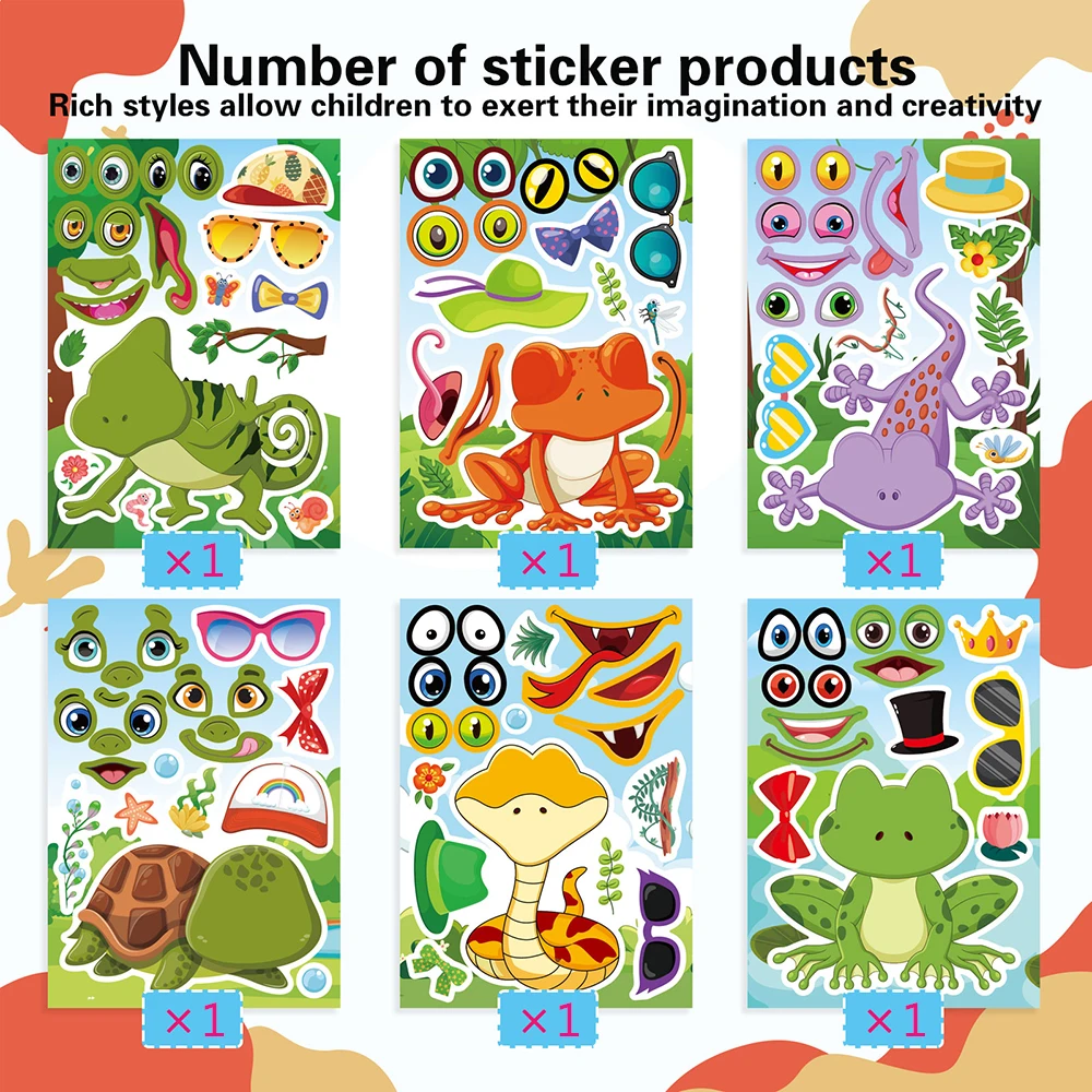 6/12Sheets Make a Face Animals Puzzle Sticker Kids DIY Lizard Frog Snake Assemble Jigsaw Educational Toys Children Favor Gifts