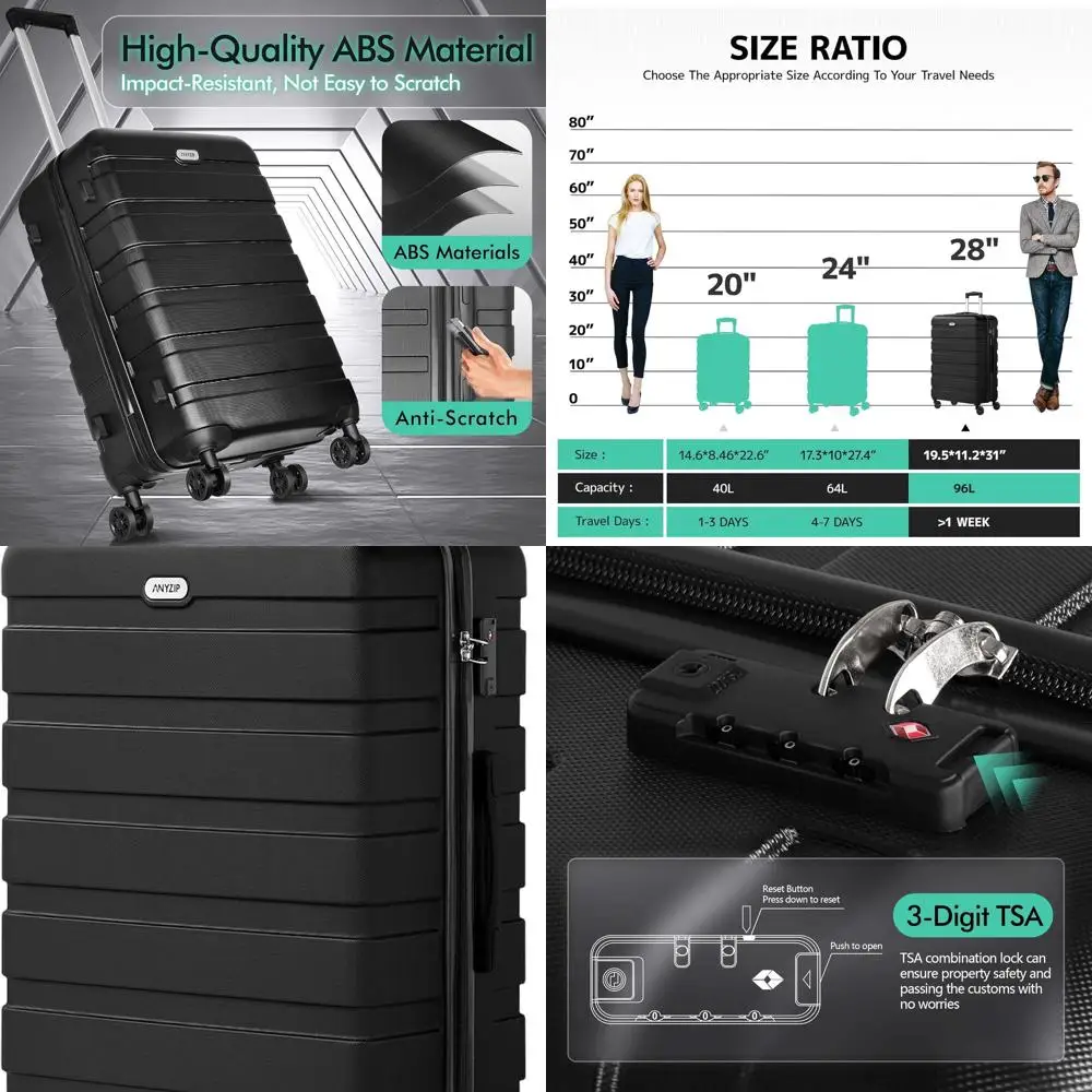 

Lightweight 28 Inch ABS Hardshell Suitcase with 4 Wheels and TSA Lock - Large, Black