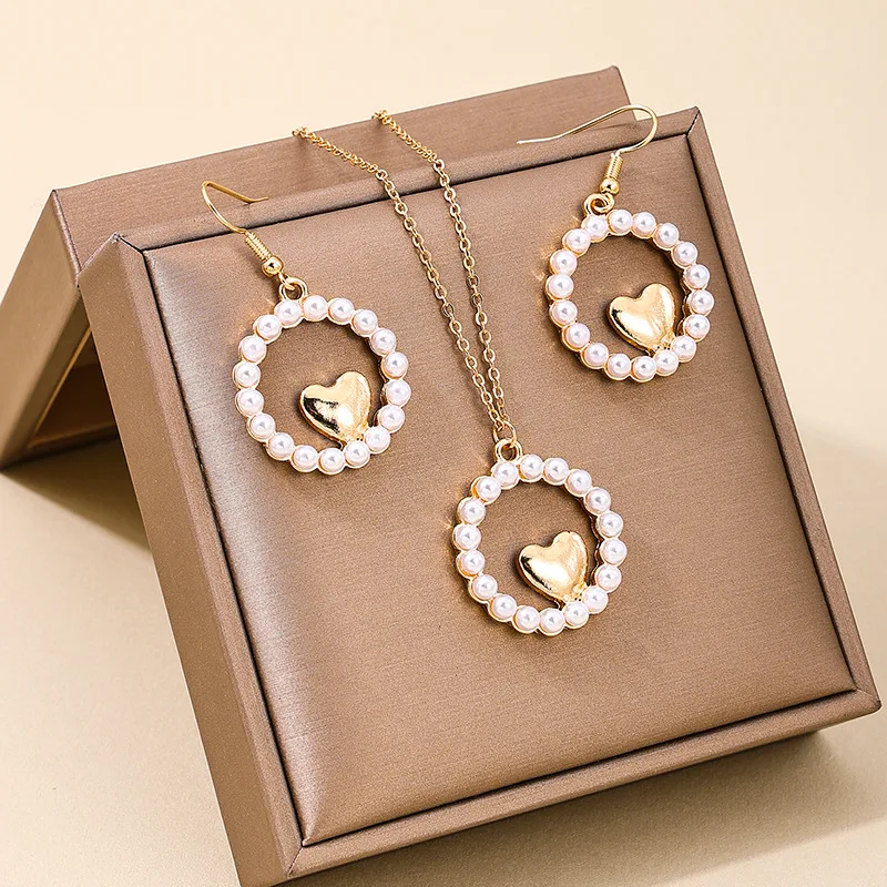 Jewelry Set For Women Necklace Earring Pearl Heart Wedding Reservation Party Gift Fashion CS010