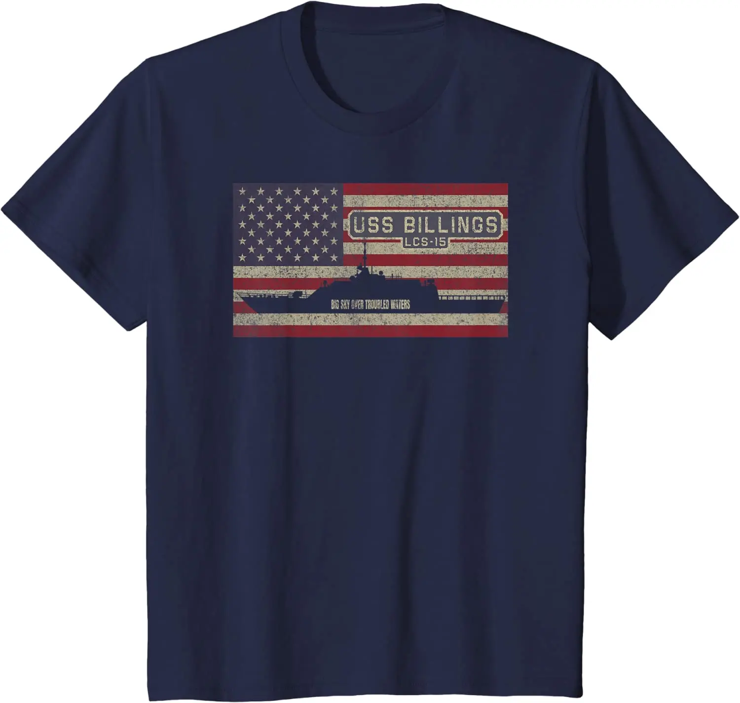 American Flag USS Billings LCS-15 Littoral Combat Ship T Shirt. New 100% Cotton Short Sleeve O-Neck T-shirt Casual Mens Top