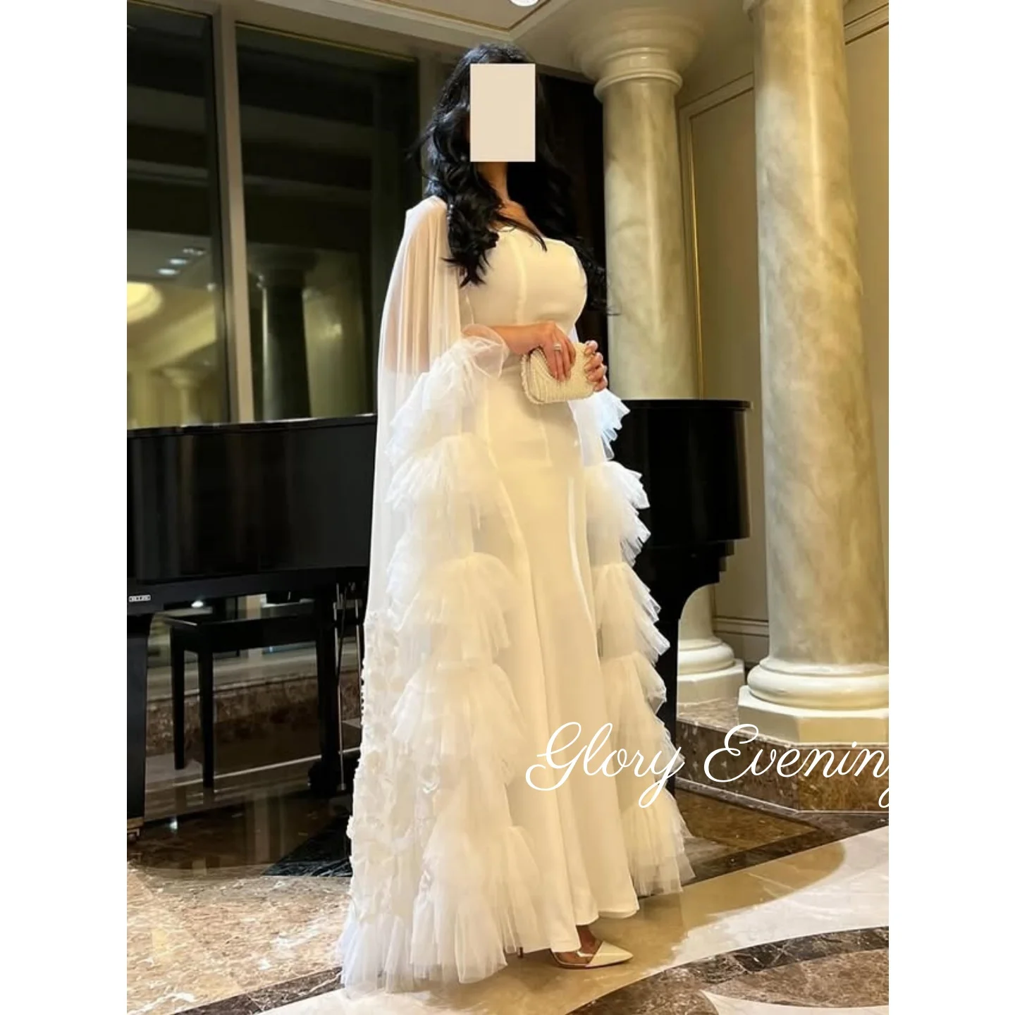 

Elegant White Tulle Prom Dresses Mermaid Strapless Saudi Arabia Evening Dresses with Pleated Wedding Dresses Customized