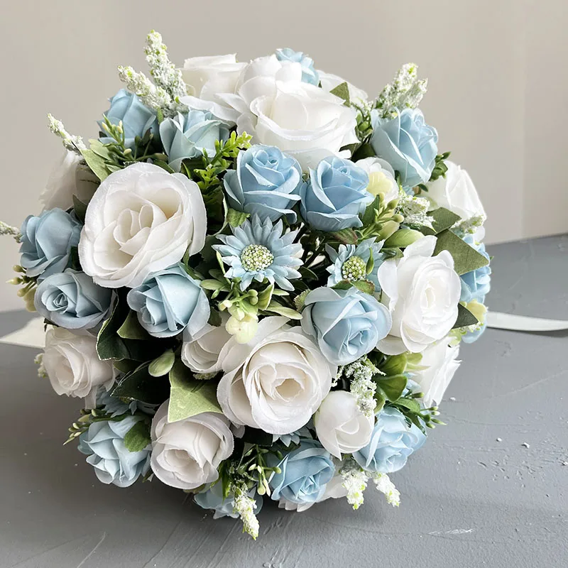 Wedding White Blue Flower Bouquet Bridal Accessories Marriage Silk Flowers Artificial Roses Wedding Bouquet for Bride Bridesmaid image 4