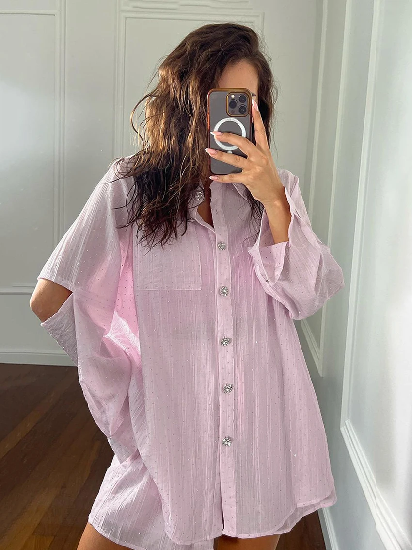 Marthaqiqi Loose Pink Female Sleepwear 2 Piece Set Long Sleeve Nightgowns Turn-Down Collar Nightwear Shorts Casual Home Clothes