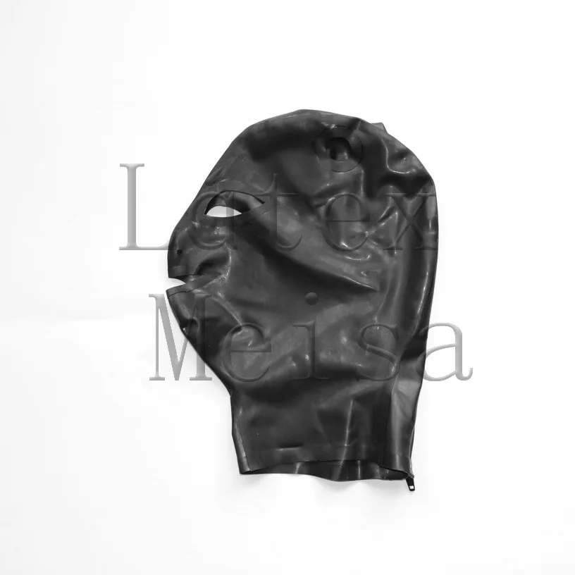 Zentai Latex cagoules ouvertes pour cheveux de couleur noire avec fermeture éclair au dos pour adultes