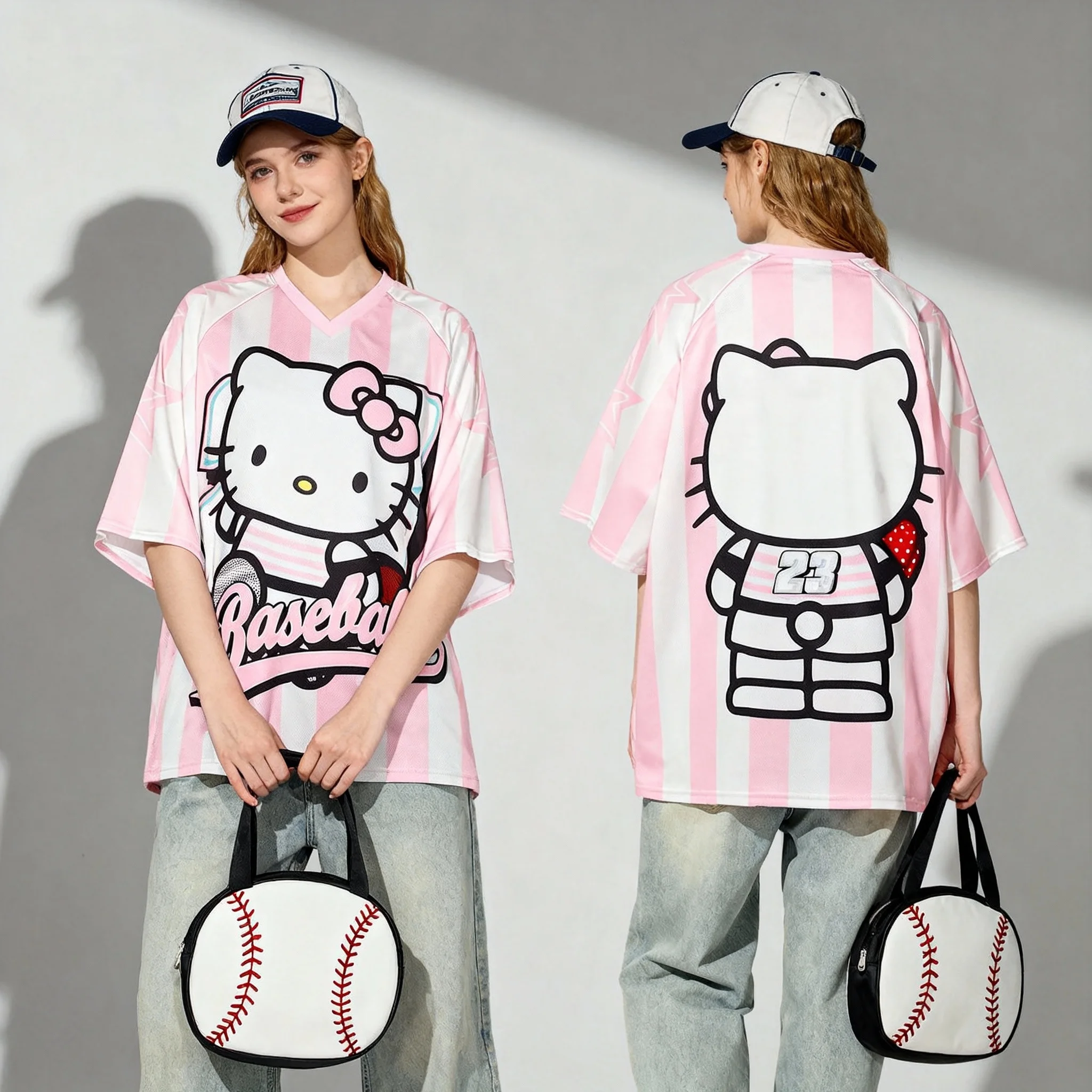 2026 산리오 패밀리 헬로 키티 테마 스포츠 셔츠 달콤하고 시원한 아메리칸 스트리트 여름 티셔츠 여성용 성인 플러스 사이즈 신상 탑