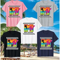 ユニセックスビーチアイランドプリントTシャツ,100% コットンTシャツ,サンセットトップ,パームツリー,レトロロゴ,M-T-V