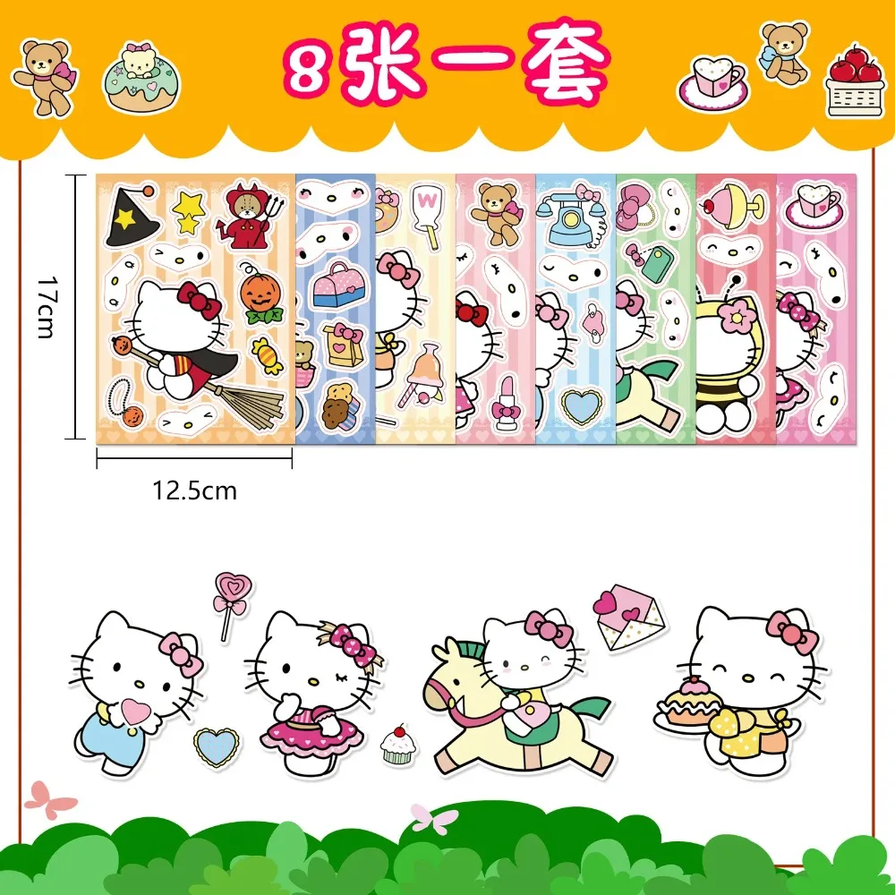 

aa 8Sheets Cute Hello Kitty Anime Puzzle Stickers DIY Make-a-Face Assemble Funny Cartoon Decal Assemble Jigsaw Girl Toy Kid Gift