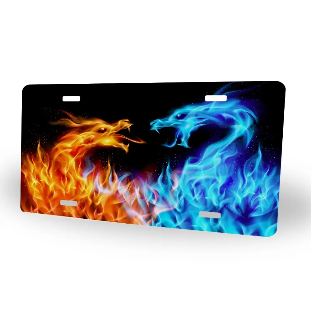 HOSNYE License Plate Fiery Dragons Front License Plate Abstract Blue Water and Red Fire Funny Car Cover Decoration Accessory Van