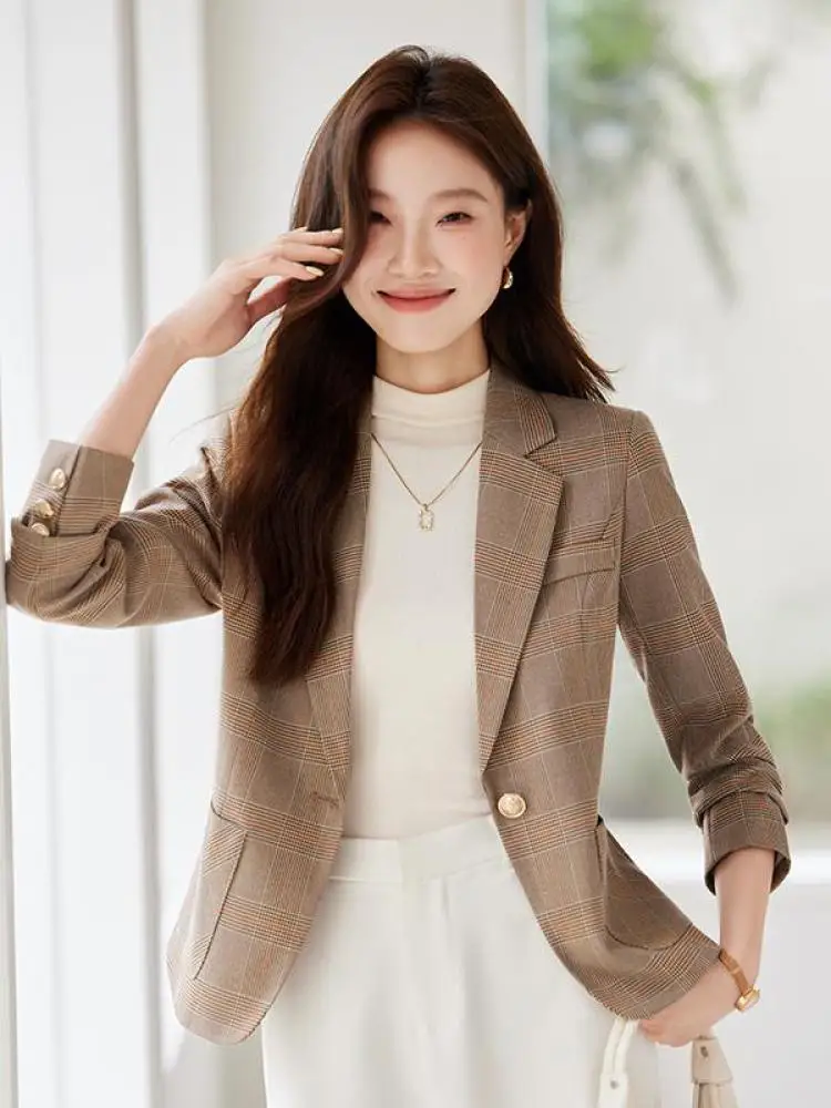 

Корейская версия, модный женский серый, коричневый, коричневый, элегантный пиджак, пальто, осень-зима, короткая куртка на одной пуговице с длинным рукавом, повседневная