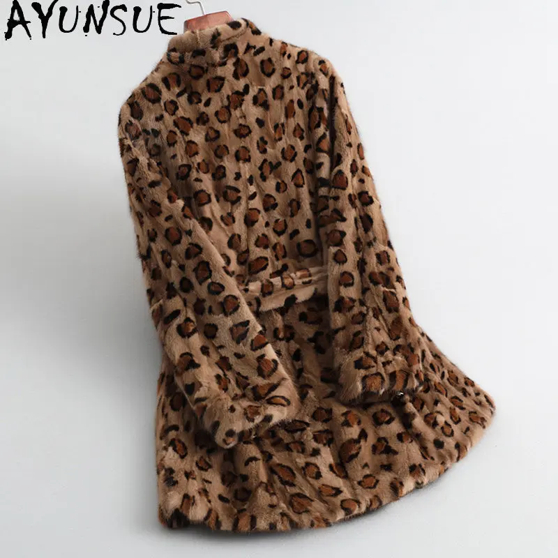 AYUNSUE 리얼 밍크 퍼 코트 여성용 레오파드 프린트 아우터웨어 겨울 퍼 재킷 짧은 스타일리시 퍼 코트 여성 의류